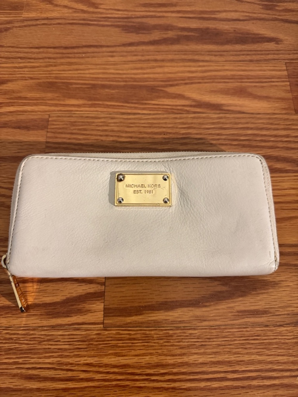 Michael Kors Cream Leather Zip-Around Wallet with Gold Plate